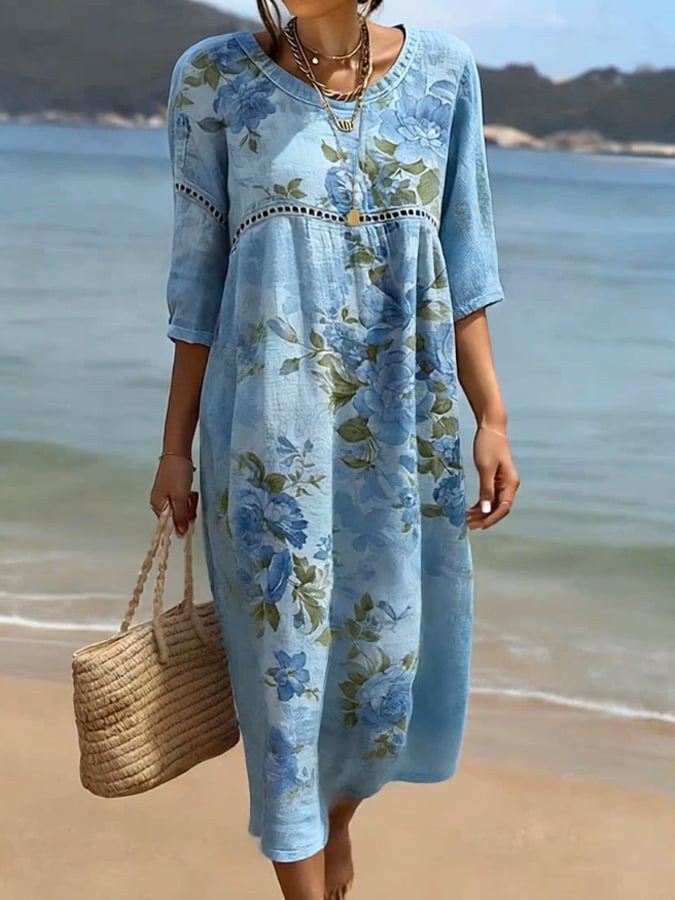 Women'S Casual Color-Block Cotton And Linen Dress