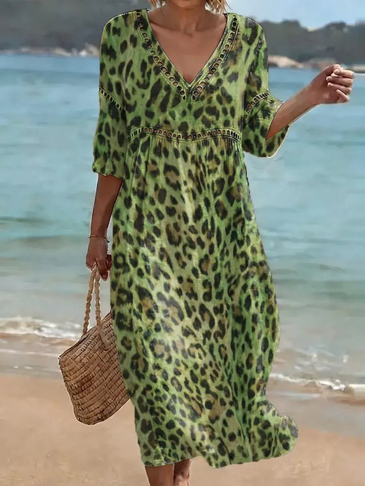 Women's Retro Leopard Pattern Art Print Casual Stylish Cotton Linen Dress
