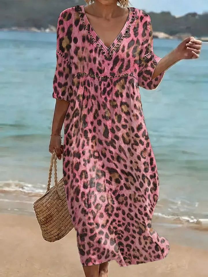 Women's Retro Leopard Pattern Art Print Casual Stylish Cotton Linen Dress