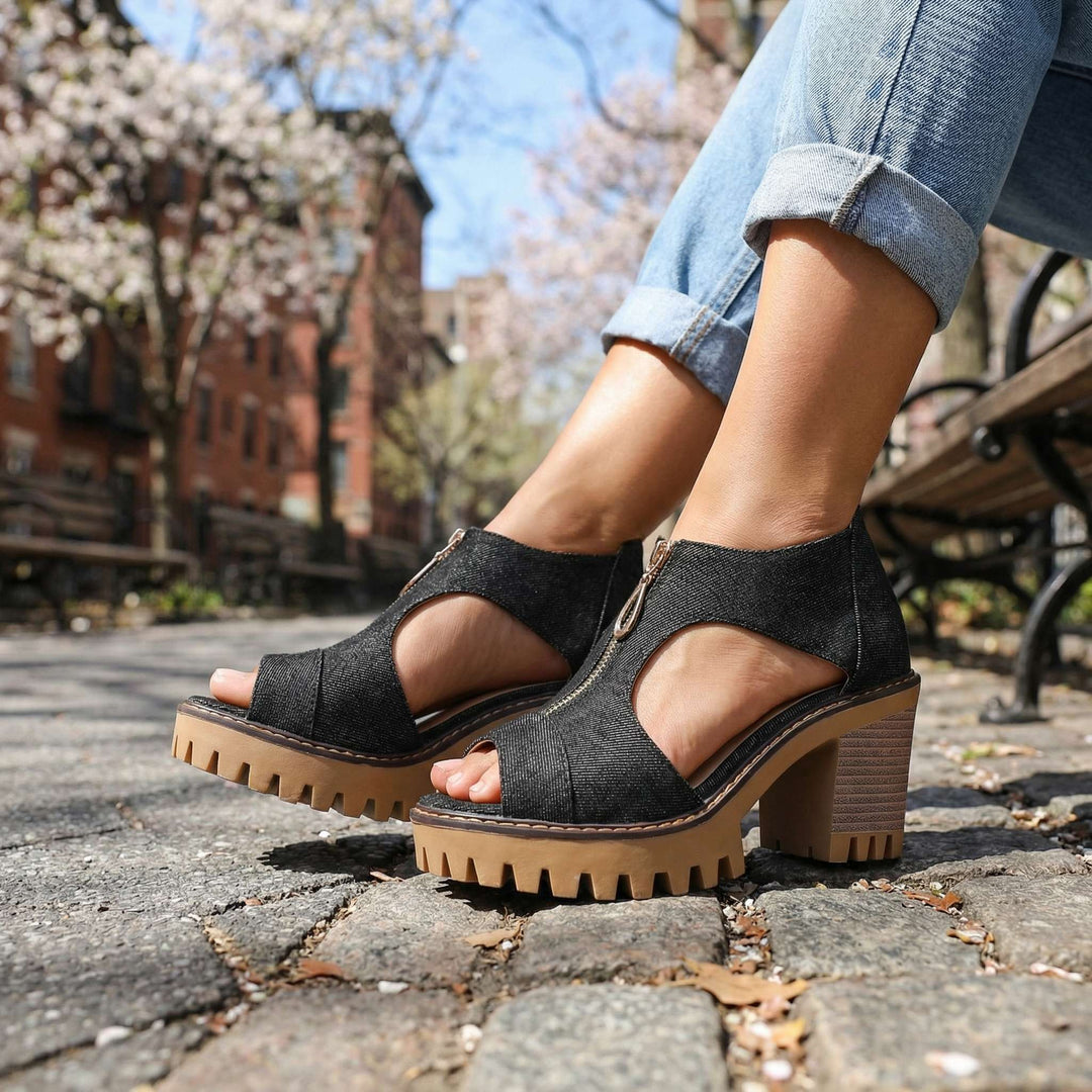 Beverly – Denim Zipper Heels