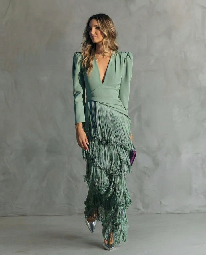 Joan – Elegant Midi Dress with Fringe