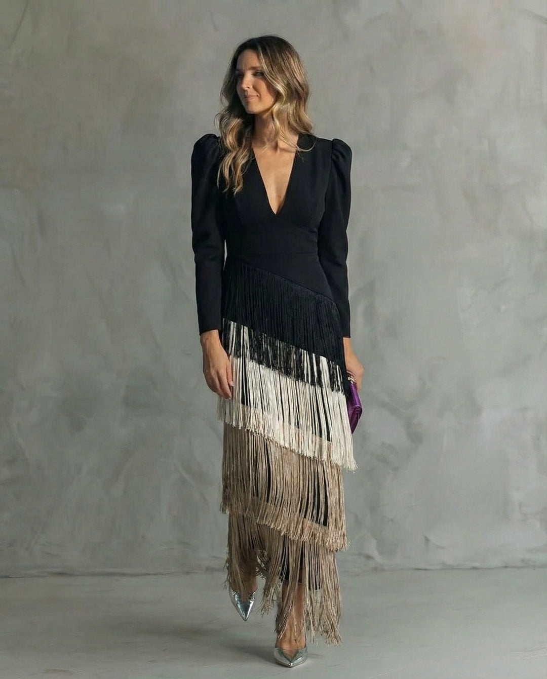 Joan – Elegant Midi Dress with Fringe