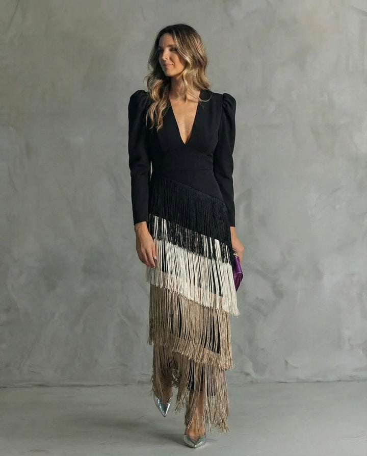 Joan – Elegant Midi Dress with Fringe