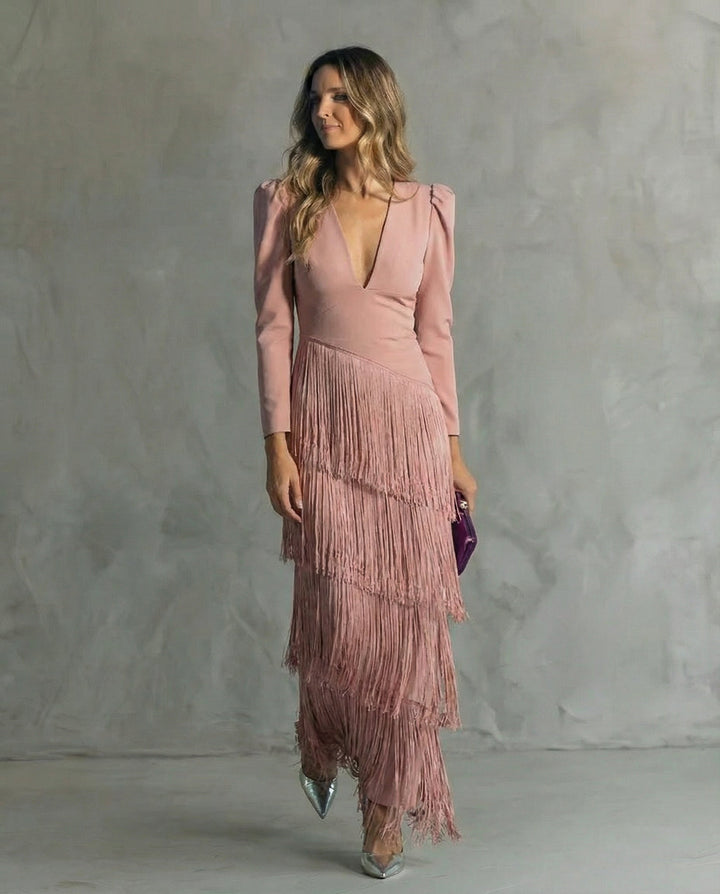 Joan – Elegant Midi Dress with Fringe