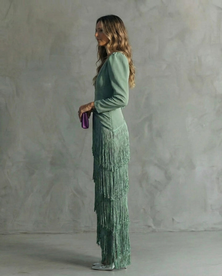 Joan – Elegant Midi Dress with Fringe